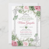 Salie Groen Quinceañera Roze Zilveren Kroonvlinder Kaart (Voorkant)