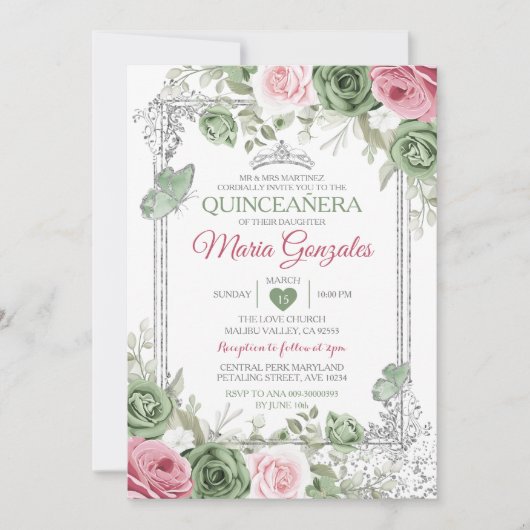 Salie Groen Quinceañera Roze Zilveren Kroonvlinder Kaart (Voorkant)