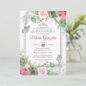 Salie Groen Quinceañera Roze Zilveren Kroonvlinder Kaart (Staand voorkant)