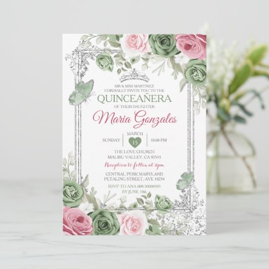 Salie Groen Quinceañera Roze Zilveren Kroonvlinder Kaart (Staand voorkant)