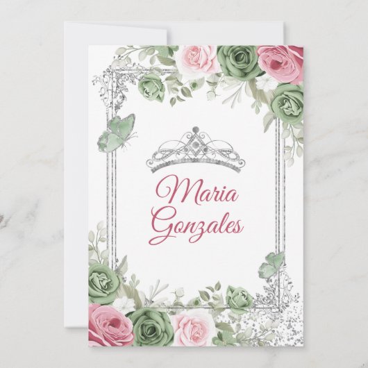 Salie Groen Quinceañera Roze Zilveren Kroonvlinder Kaart (Achterkant)