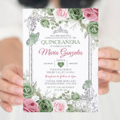 Salie Groen Quinceañera Roze Zilveren Kroonvlinder Kaart