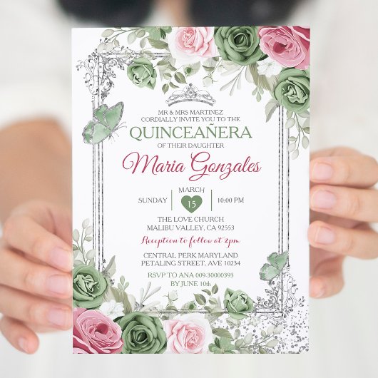 Salie Groen Quinceañera Roze Zilveren Kroonvlinder Kaart