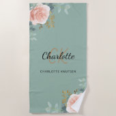 Salie groen roos gouden bloemstukken monogram init strandlaken (Voorkant)