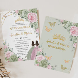 Salie Groen Roze Bloem Quinceañera Tweeling Vlinde Kaart