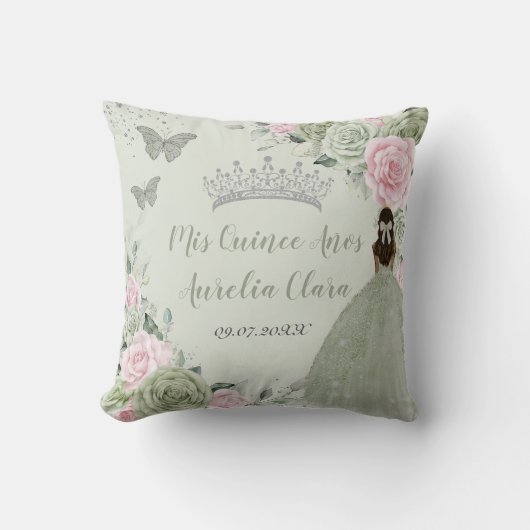 Salie Groen Roze Bloemen Zilver Quinceañera Keepsa Kussen (Voorkant)