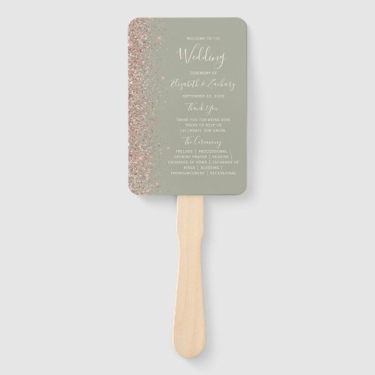 Salie Groen Roze Gouden Glitter Rand Trouwprogramm Handwaaier (Voorkant)