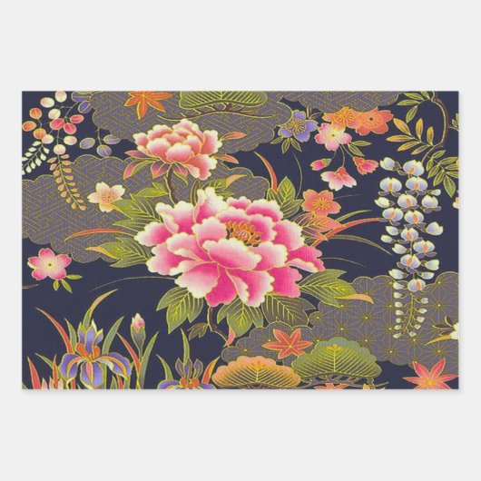 Salie Groen Roze Japans Kimono Bloemen Decoupage Inpakpapier Vel (Voorkant)