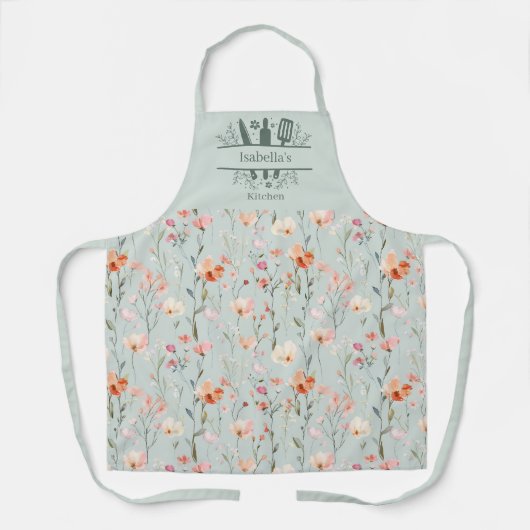 Salie groen roze koraal perzik bloemen schort (Voorkant)