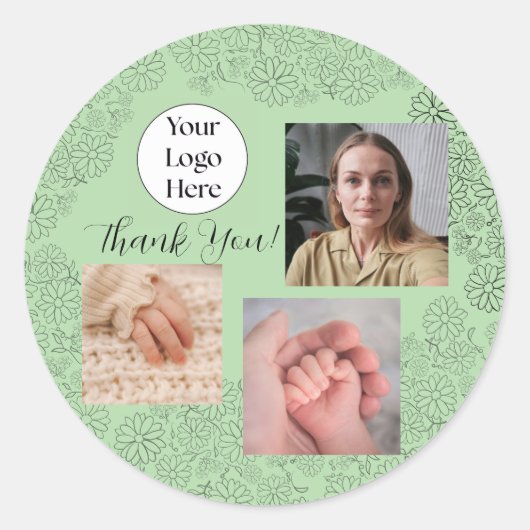 Salie groen script 3 foto doula diensten ronde sticker (Voorkant)
