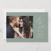 Salie groen Script eenvoudige foto save the date (Voorkant)