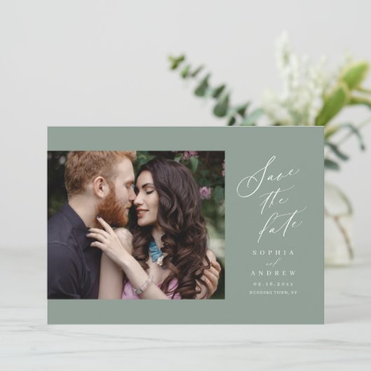 Salie groen Script eenvoudige foto save the date (Staand voorkant)