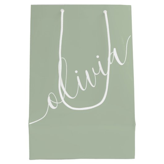 Salie Groen Script Minimalistische Monogram Elegan Medium Cadeauzakje (Achterkant)