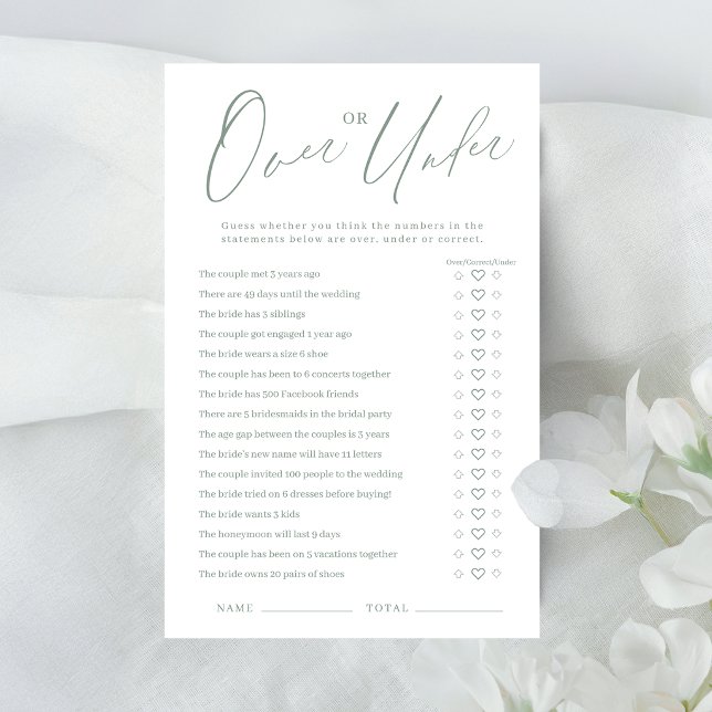 Salie groen script Over of onder bruidsfeest spel (Sage green script Over or Under bridal shower game)