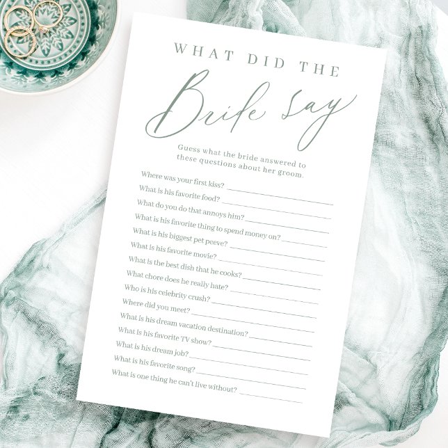 Salie groen script wat zei de bruid spel (Sage green script what did the bride say game)