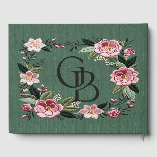 salie groen & stoffig roos Geborduurd Bloem Huweli Gastenboek (Achterkant)