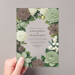 Salie groen, Taupe & Ivoor Bloemen Bruiloft Acryl Uitnodigingen