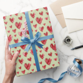 Salie Groen | Waterverf Harten met Nep Glitters Cadeaupapier