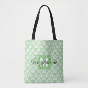 Salie Groen & Wit Frilly Damast Monogrammed Tote Bag