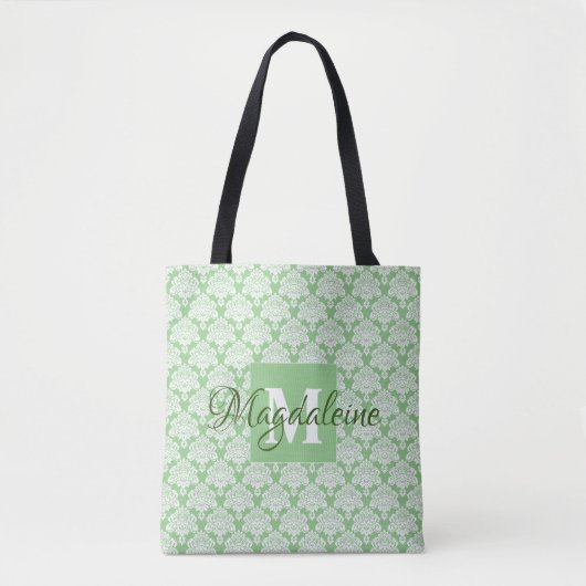 Salie Groen & Wit Frilly Damast Monogrammed Tote Bag (Voorkant)
