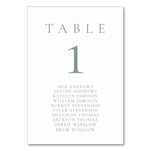 Salie Groen Wit Minimalistische Zittafel Nummer Kaart (Voorkant)