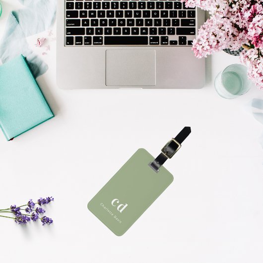 Salie groen wit monogram initialen bagagelabel