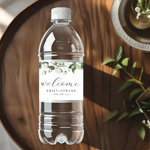 Salie groen & witte bloemen bruiloft welkom waterfles etiket