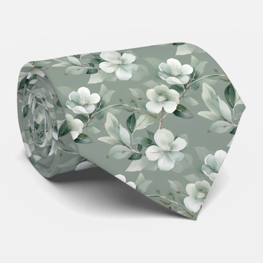 Salie Groen Witte Bloemige Elegante Formele Trouwj Stropdas (Opgerold)