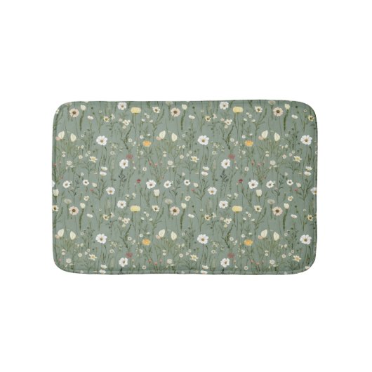 Salie Groen Witte Gele Wilde Bloemen Boho Trendy Badmat (Voorkant)