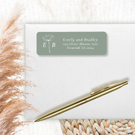 Salie groen witte monogram bloemaccent adres etiket