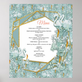 salie-groen, zijde, veren, bord-groen, goudvlam poster