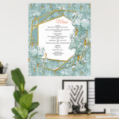 salie-groen, zijde, veren, bord-groen, goudvlam poster (Thuiskantoor)