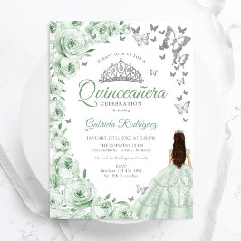 Salie Groen Zilver Bloemen Quinceanera Kaart