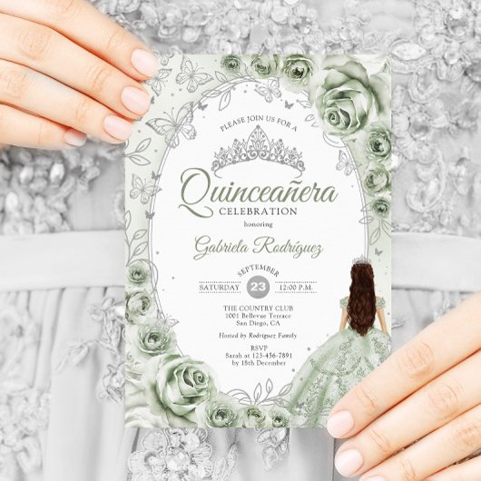 Salie Groen Zilver Bloemen Quinceanera Kaart