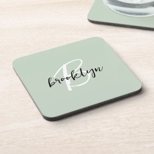 Salie Groen Zwart en Wit Script Monogram Bier Onderzetter (Linkerzijde)