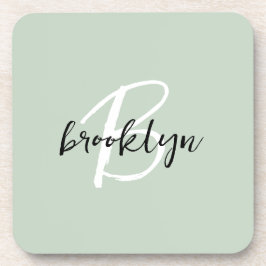 Salie Groen Zwart en Wit Script Monogram  Bier Onderzetter