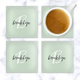 Salie Groen Zwart en Wit Script Monogram  Glazen Onderzetter