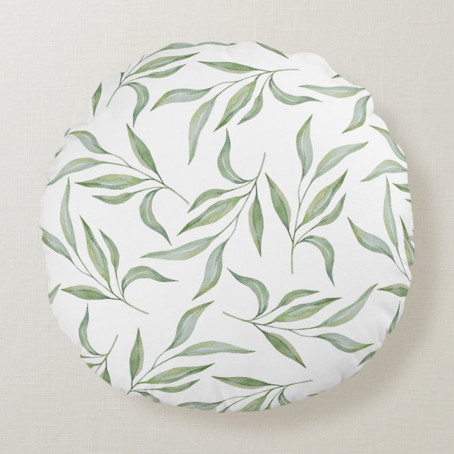 Salie Groene Aquarel Bladeren Botanisch Patroon Rond Kussen (Voorkant)