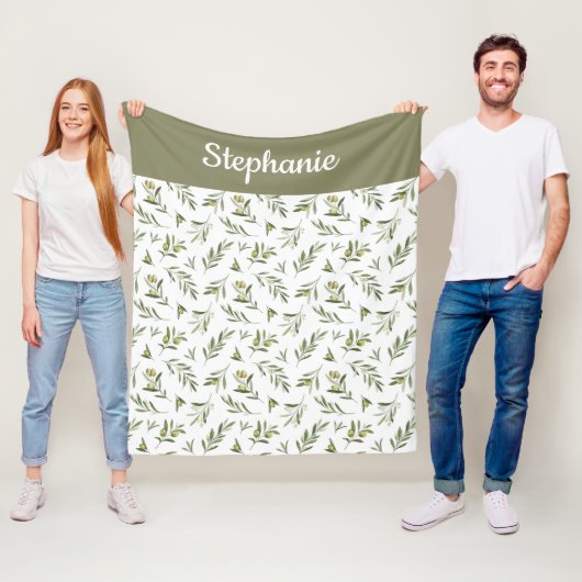 Salie Groene Aquarel Olijf Naam Fleece Deken (In situ)
