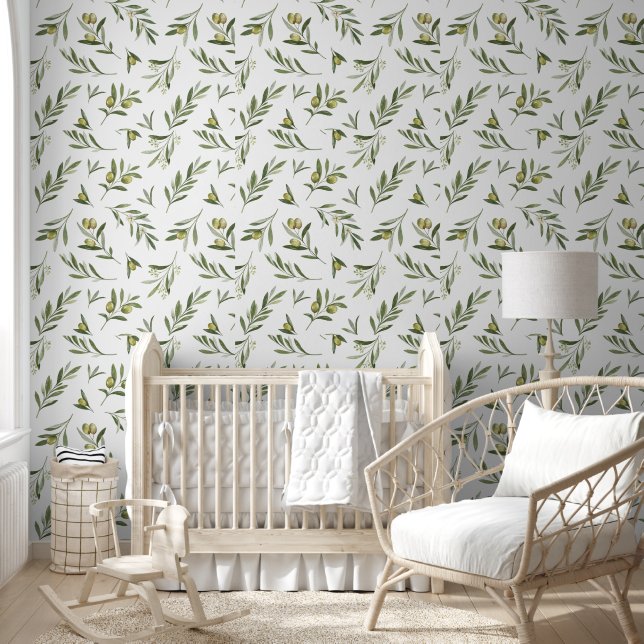 Salie Groene Aquarel Olijven Behang (Kinderen)