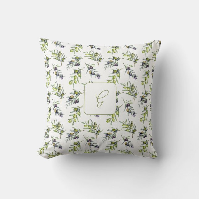Salie Groene Aquarel Olijven Monogram Naam Kussen (Voorkant)