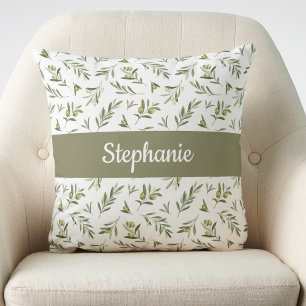 Salie Groene Aquarel Olijven Monogram Naam Kussen