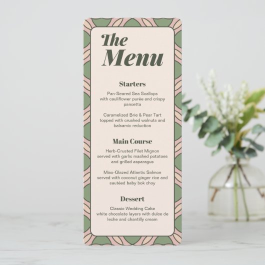 Salie groene Art Deco Trouw Menu Kaart (Staand voorkant)