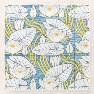 Salie Groene Art Nouveau Waterlelie Patroon Glazen Onderzetter