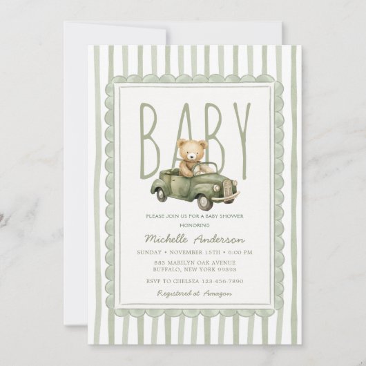 Salie Groene Beer Babyshower Streep Uitnodiging (Voorkant)