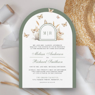 Salie Groene Beige Wilde Bloem Vlinder Boog Trouwe Kaart
