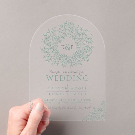 Salie groene blad monogram lijn kunst acryl uitnodigingen (Insitu (Draagbaar))