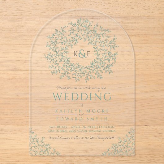 Salie groene blad monogram lijn kunst acryl uitnodigingen (Voorkant)