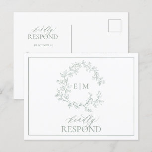 Salie Groene Bladere Krans Monogram Trouw RSVP Uit Uitnodiging Briefkaart