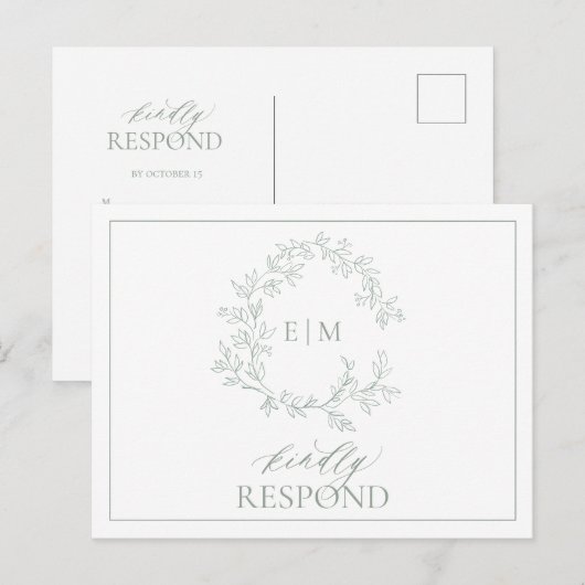 Salie Groene Bladere Krans Monogram Trouw RSVP Uit Uitnodiging Briefkaart (Voorkant / Achterkant)